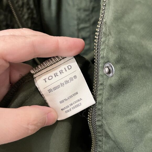 Torrid Womens Utility Jacket Plus Sz 2X Green Canvas w/ Knit Arms Hooded Zip Up - Picture 4 of 10